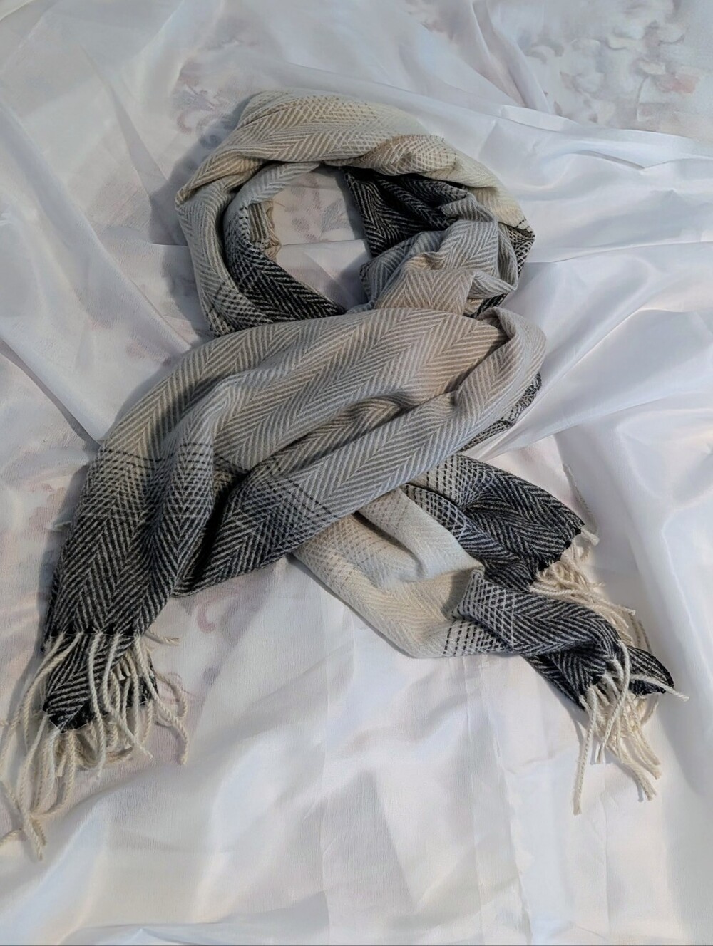 Nine West Cream and Charcoal Ombre Herringbone Scarf